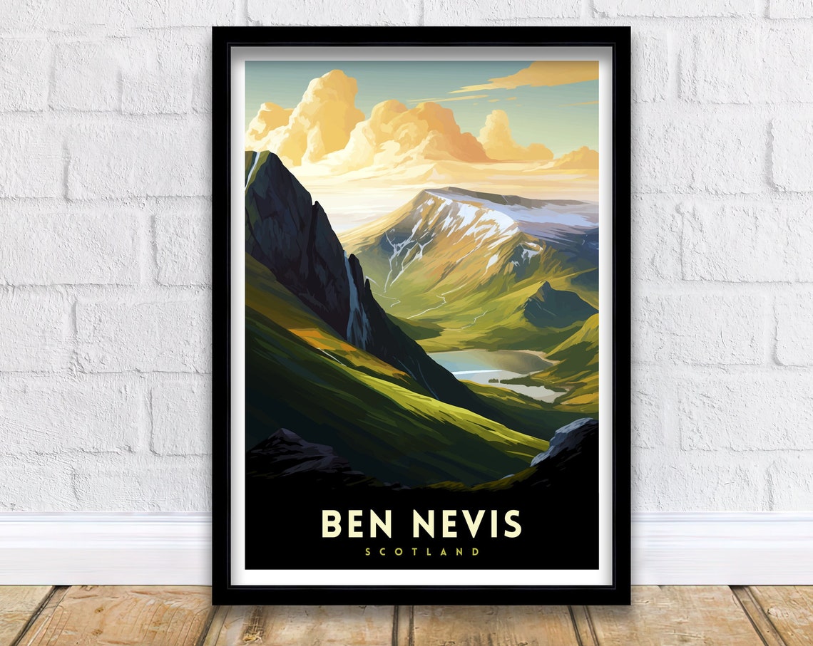 Ben Nevis Scotland Sunlit Mountain Valley Waterfall Travel Poster