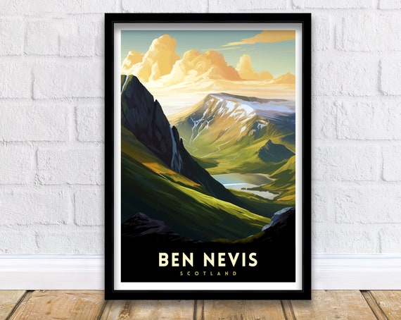 Ben Nevis Scotland Sunlit Mountain Valley Waterfall Travel Poster