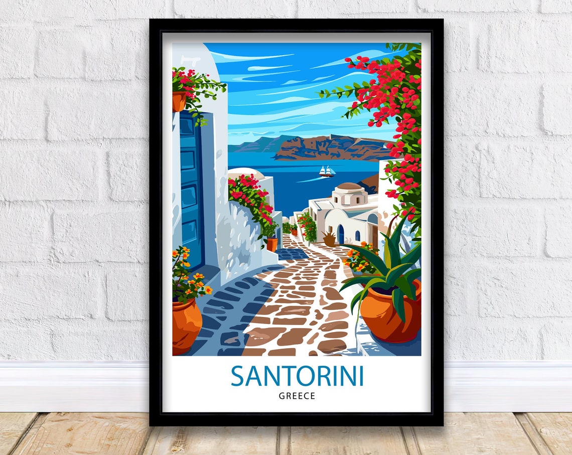 Santorini Greece Whitewashed Alley Caldera View Travel Poster