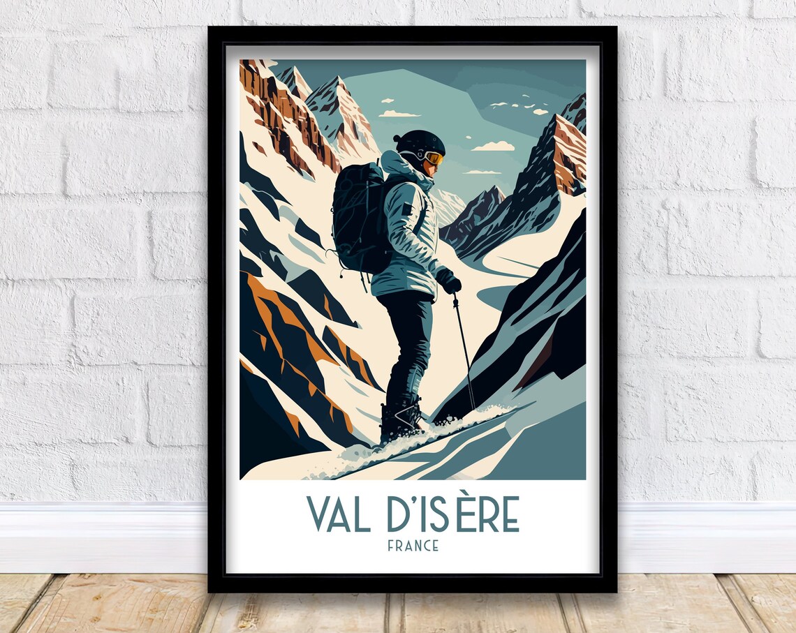 Val dIsere France Skier Alpine Slopes Winter Vintage Travel Poster