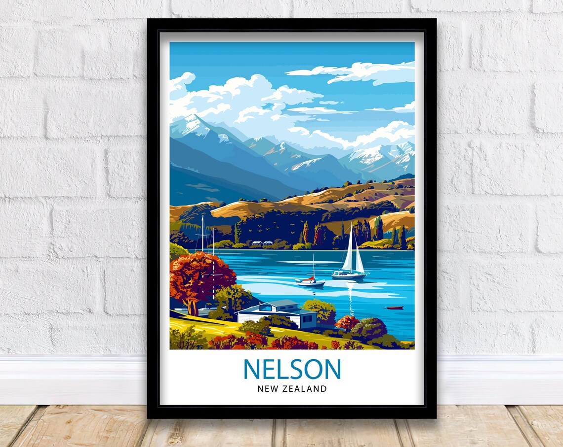 Nelson New Zealand Lake Boats Snowy Mountains Vintage Travel Poster