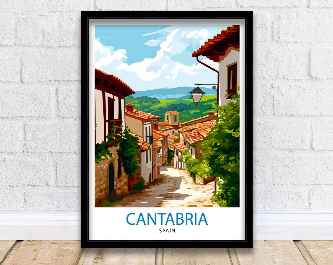 Cantabria Spain Village Lane Terracotta Hills View Travel Poster