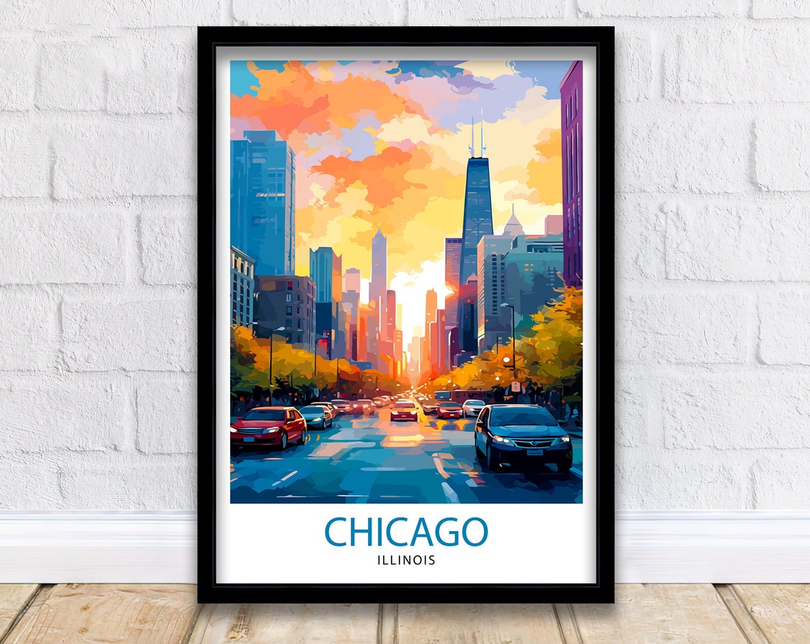 Chicago Illinois Sunset Downtown Skyline City Street Art Poster