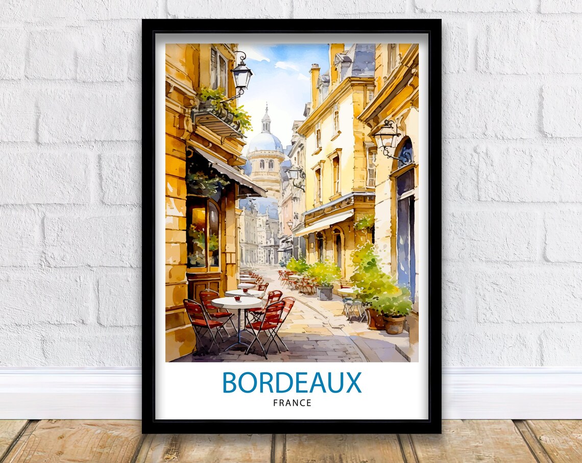 Bordeaux France Golden Street Sidewalk Cafes Watercolor Poster