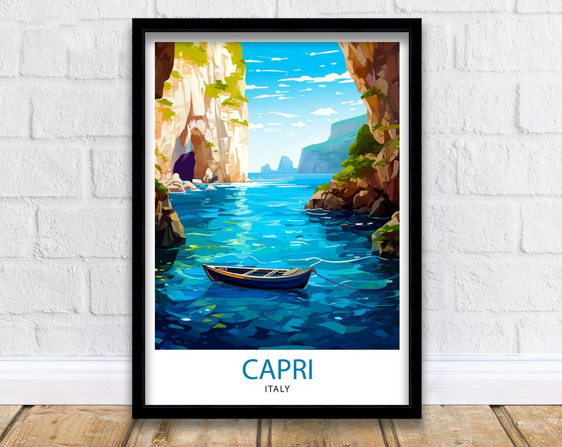 Capri Italy Blue Sea Grotto Cliffs Wooden Rowboat Art Poster