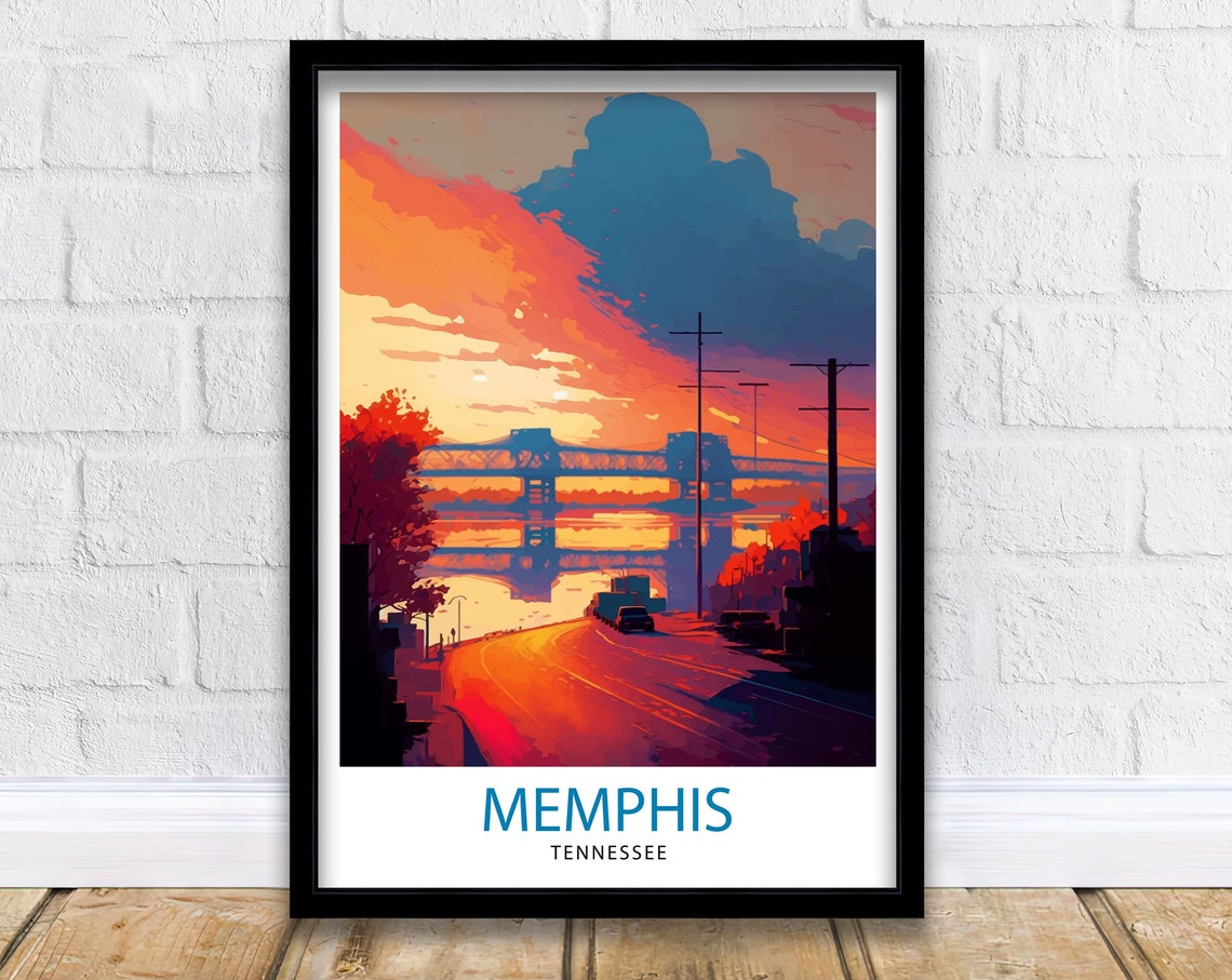 Memphis Tennessee Sunset Bridge River Scene Retro Travel Poster