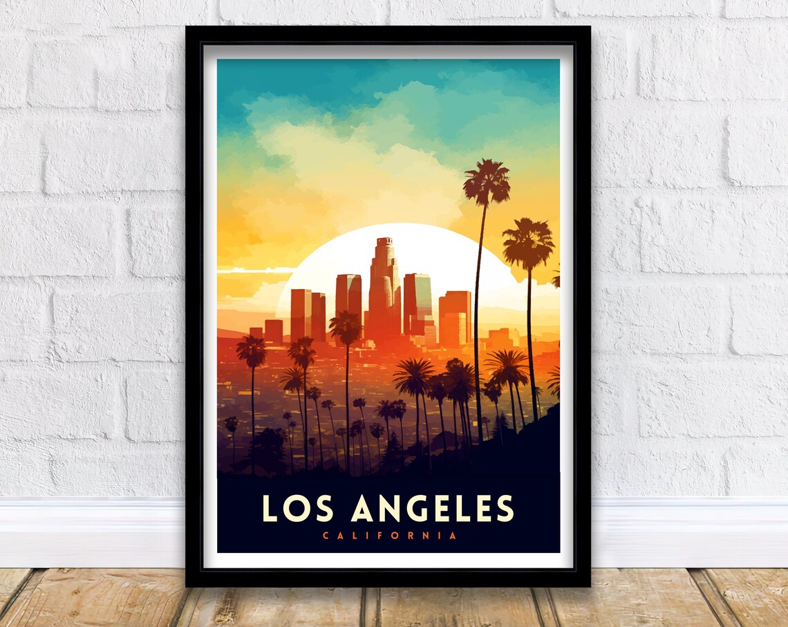 Los Angeles California Sunset Skyline Palm Trees Vintage Travel Poster