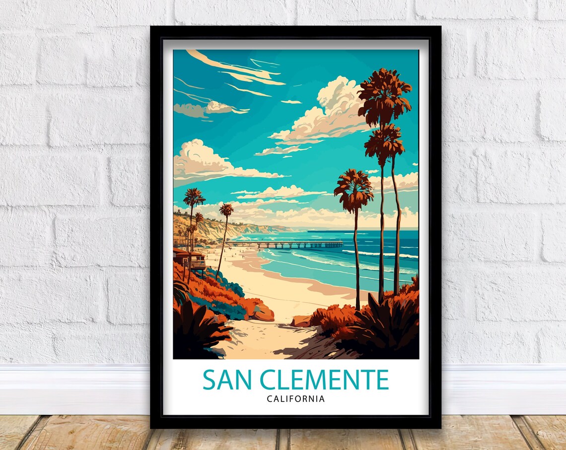 San Clemente California Beach Palms Pier Sunset Travel Poster