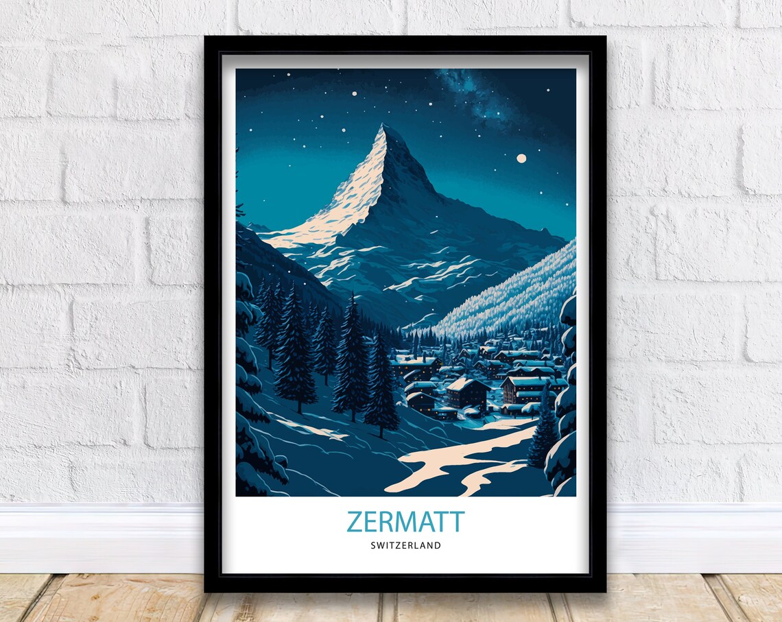 Zermatt Switzerland Matterhorn Night Sky Snowy Village Travel Poster