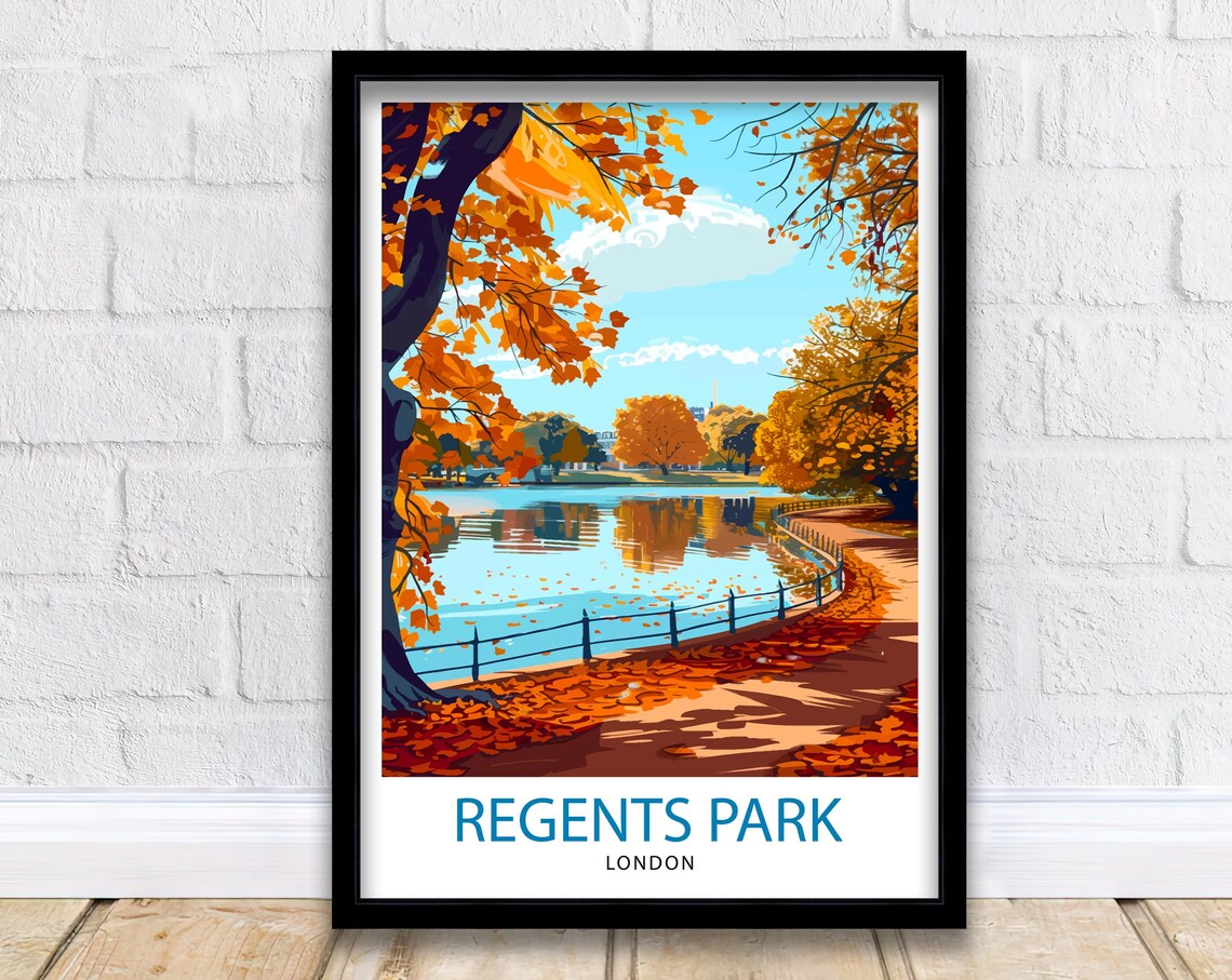 Regents Park London Autumn Lake Golden Trees Vintage Travel Poster
