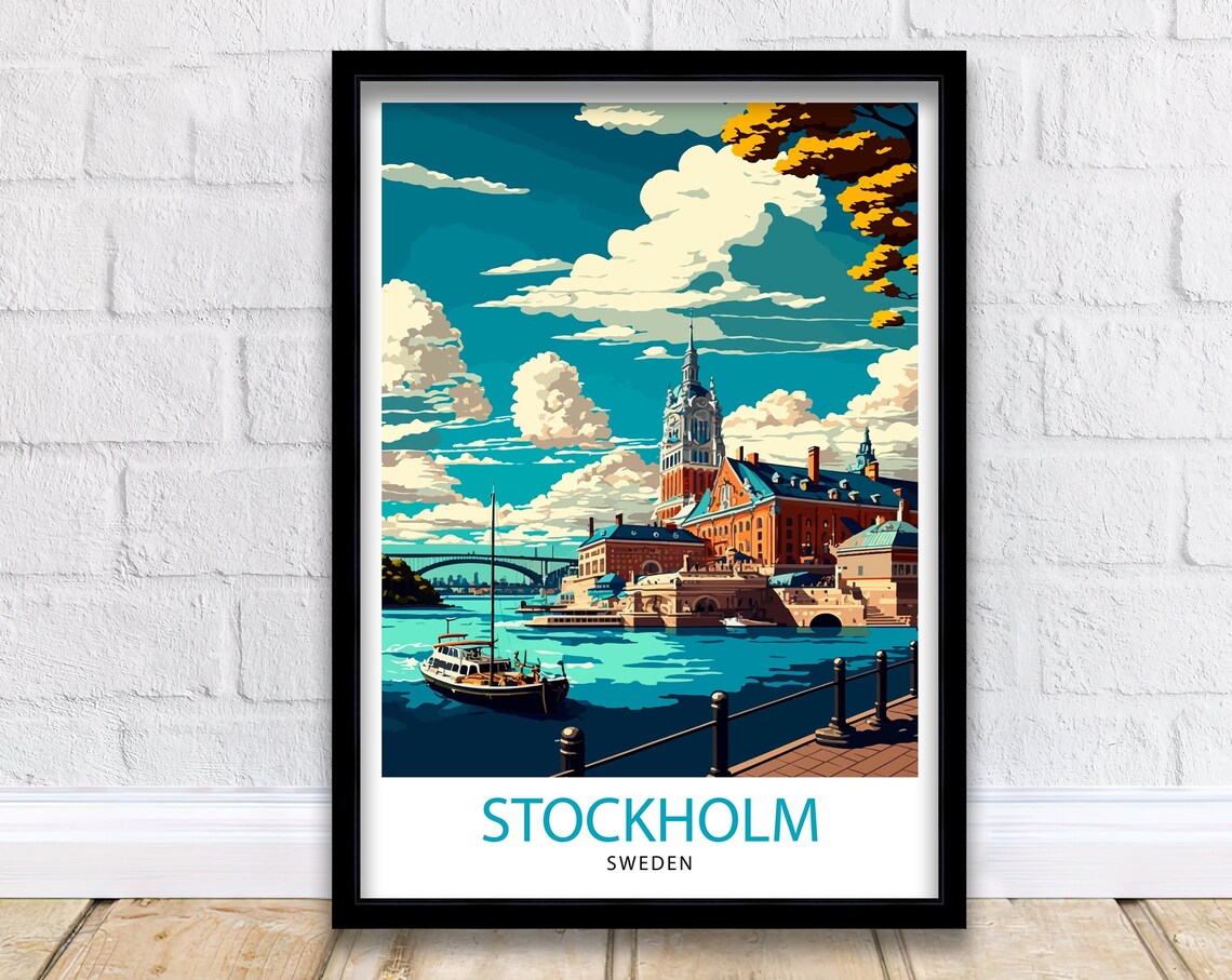 Stockholm Sweden Historic Waterfront City Hall Boat Travel Poster
