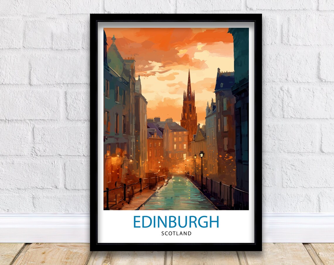 Edinburgh Scotland Rainy Sunset Old Town Spire Street Travel Poster