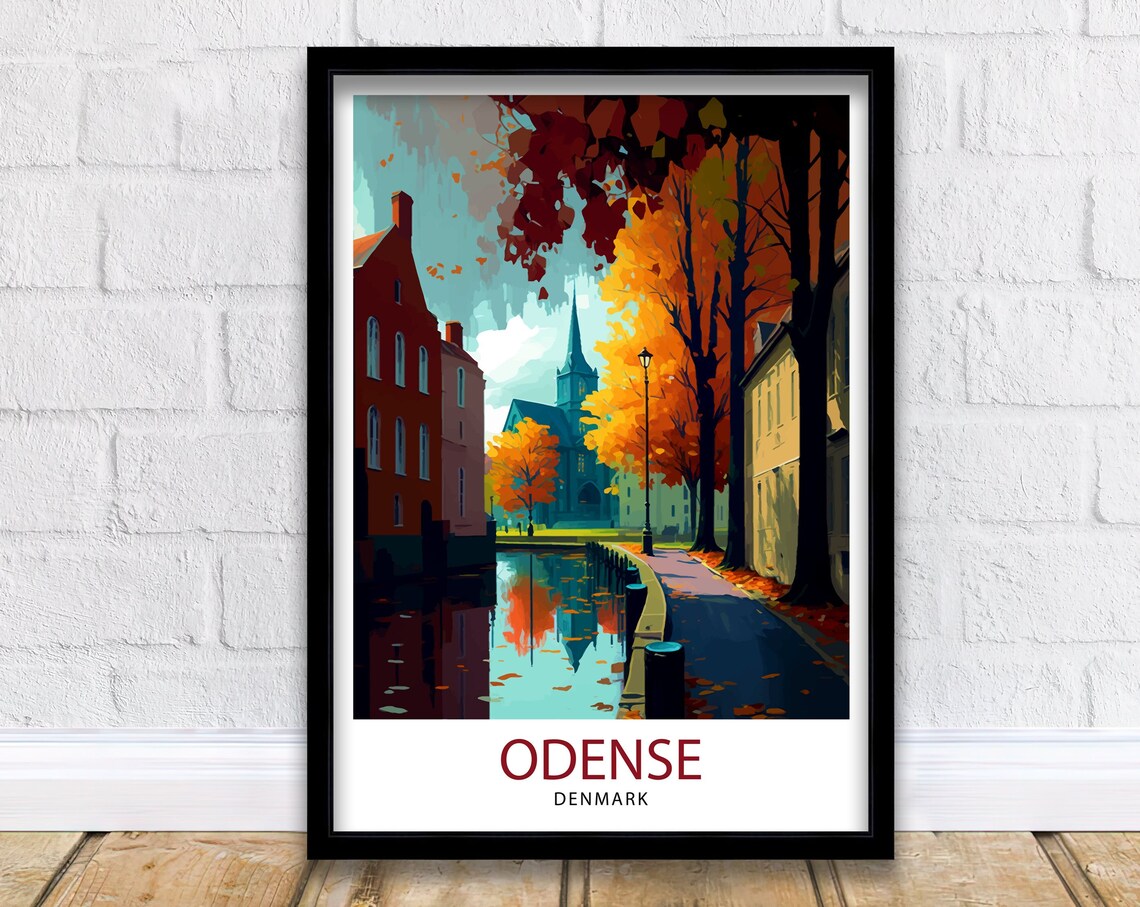 Odense Denmark Autumn Canal Street Church Tower Vintage Travel Poster
