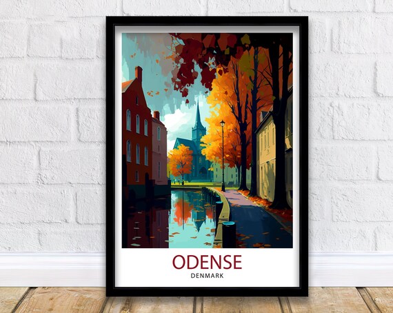 Odense Denmark Autumn Canal Street Church Tower Vintage Travel Poster