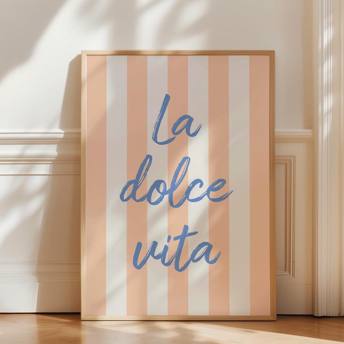 La Dolce Vita Blue Script Quote Peach Stripe Italian Wall Poster