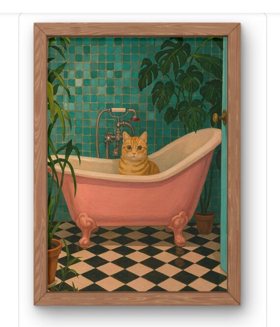 Funny Ginger Cat Pink Bathtub Teal Bathroom Retro Plant Wall Art