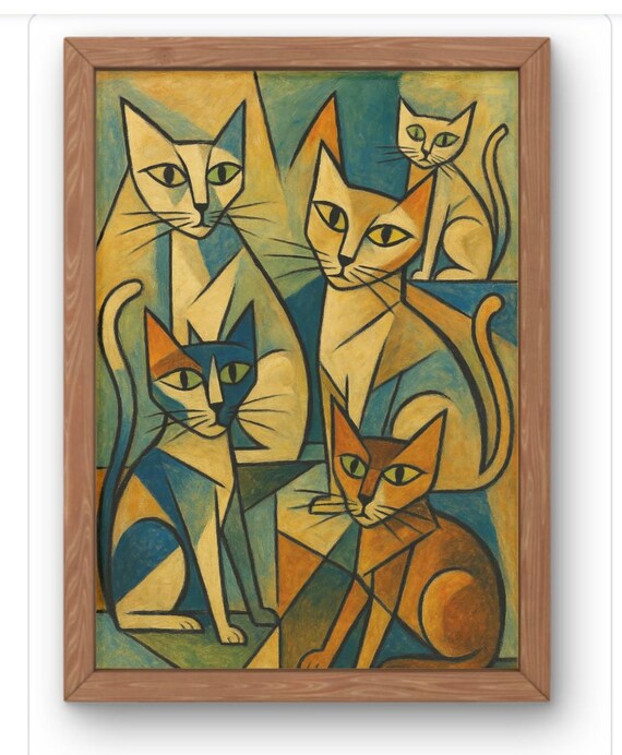 Cubist Cat Art Print Abstract Geometric Cats Wall Mid Century Modern Feline Decorwhimsical Lovers Gift Available In A5 A2