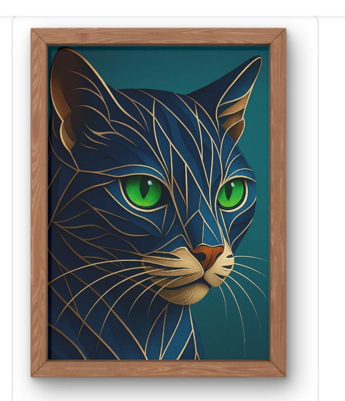 Geometric Blue Cat Gold Line Modern Abstract Feline Wall Print