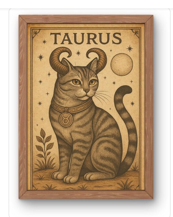 Taurus Cat Zodiac Art Print Vintage A Strology Wall For Season Whimsical Horoscope Decor Lovers Gift