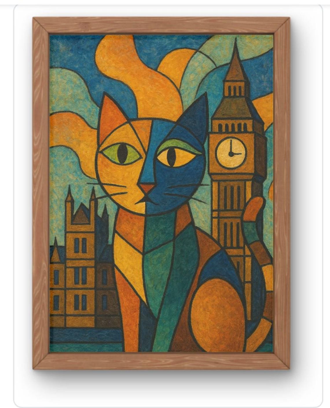 Cubist Cat With Big Ben London Landmarks Colorful Modern Art Poster