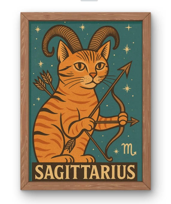 Orange Tabby Sagittarius Archer Cat Zodiac Vintage Star Poster