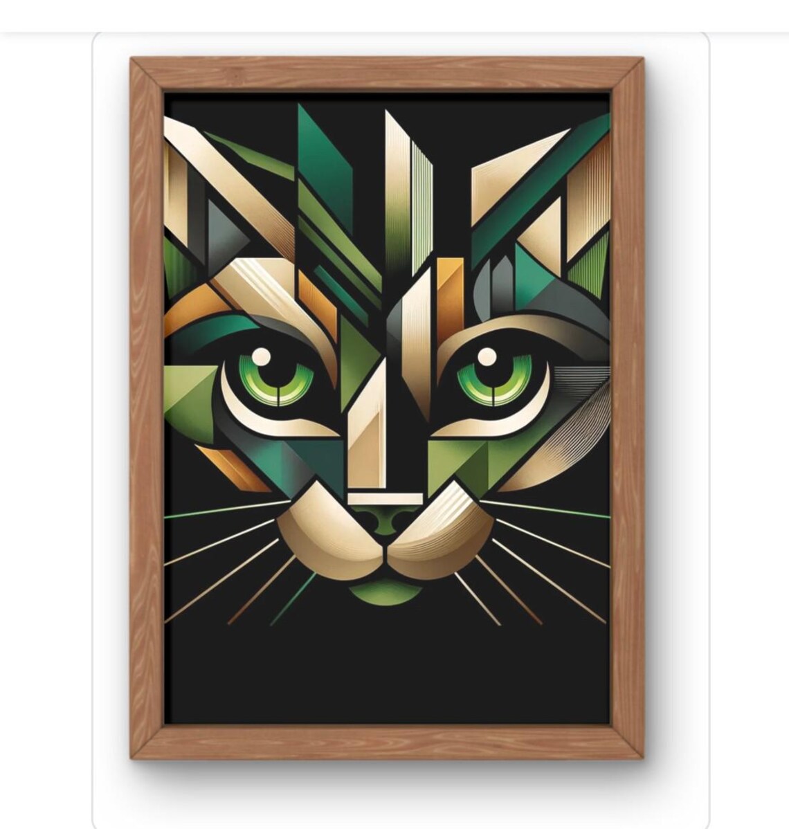 Geometric Cat Wall Art Print Vibrant Abstract Face In Green Gold And Black Modern Animal Work For Bold Home Decor