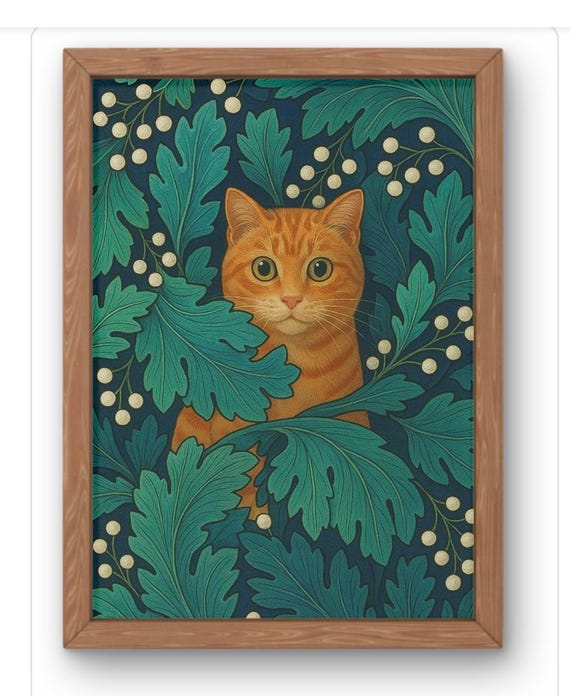 William Morris Style Cat Print Ginger Botanical Wall Art Arts And Crafts In Spired Feline Illustration Available A5 A1