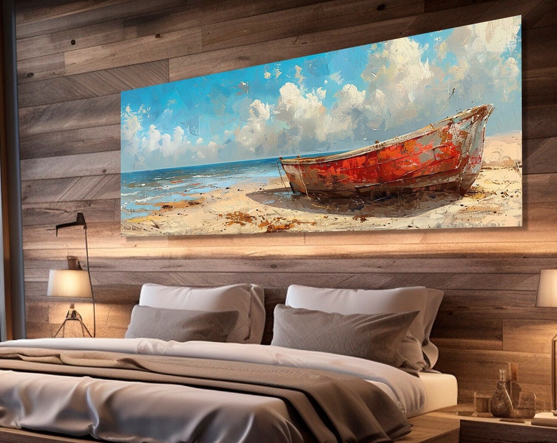 Weathered Red Boat On Sunny Sandy Beach Impressionist Poster - Image 4