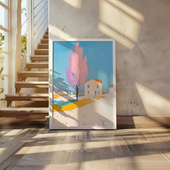 Spring Tree Landscape Painting Print Soft Pink Flowering Art Bright Pastel Countryside Wall Whispering Blossom