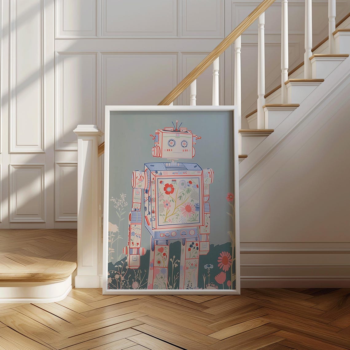 Retro Floral Robot Illustration Print Whimsical Botanical Tech Art Cute Vintage Robo Poster Wall Decor Mechanica