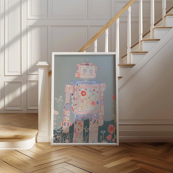 Retro Floral Robot Whimsical Botanical Flower Machine Kids Art Poster