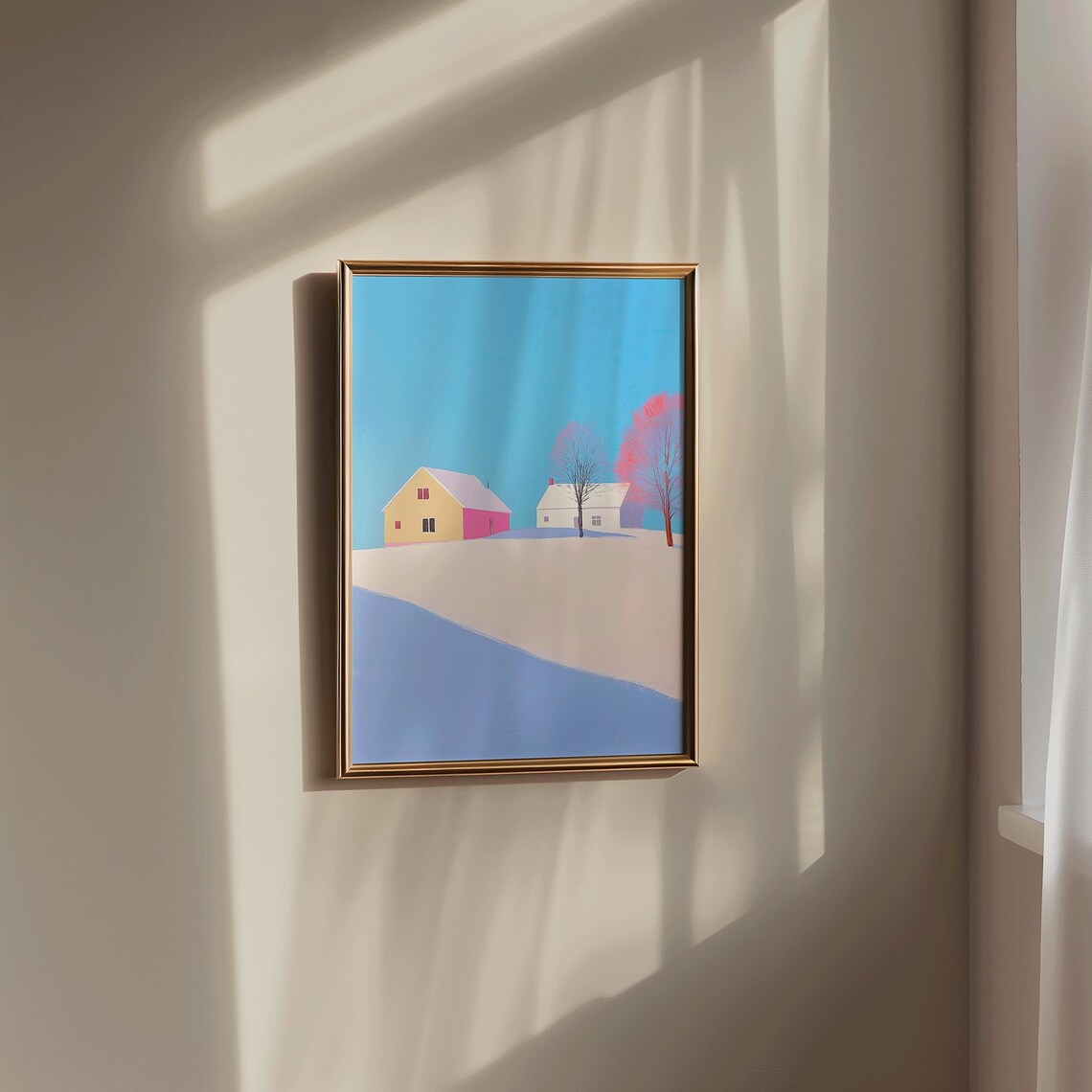 Snowy Winter House Landscape Poster | Pastel Minimalist Snow Scene Art