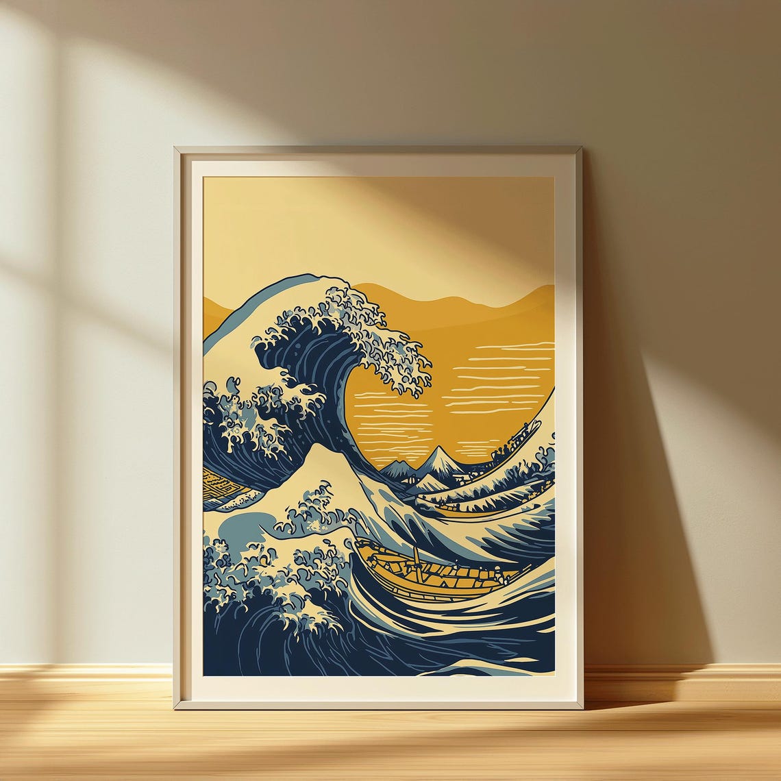 Hokusai Inspired Great Wave Bold Yellow Sunset Ocean Style Poster