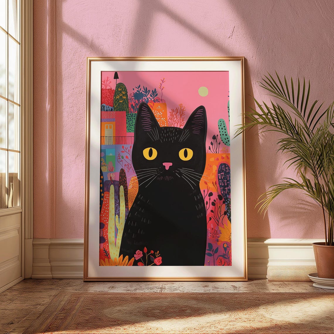Black Cat Garden Print Feline Wall Art Whimsical Animal Bright Floral Jungle Midnight Watcher