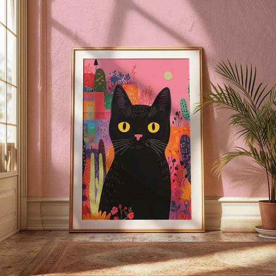 Black Cat Garden Print Feline Wall Art Whimsical Animal Bright Floral Jungle Midnight Watcher
