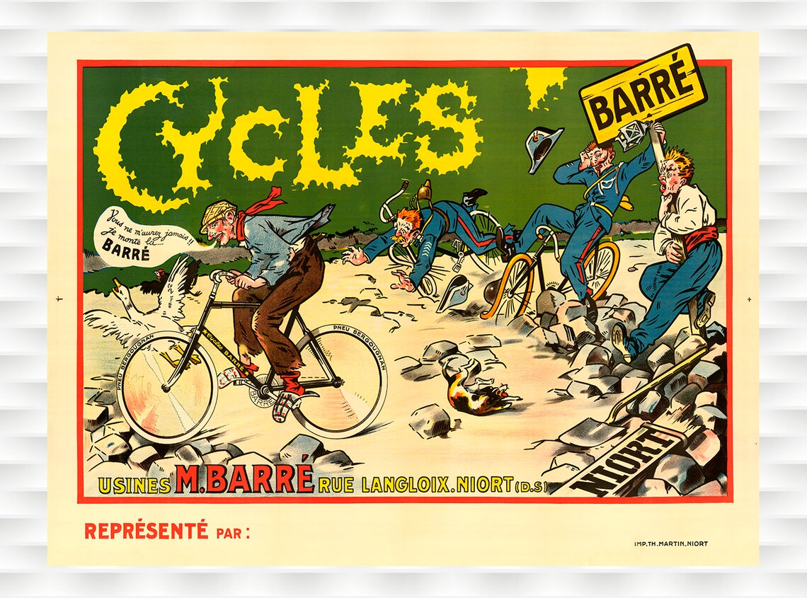 Cycles Barre Comic Chase Vintage French Bicycle Advertising Poster