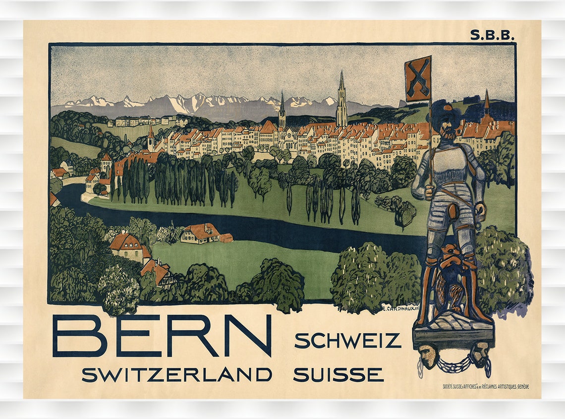 Bern Switzerland Knight Old Town Alps Vintage Rail Travel Poster