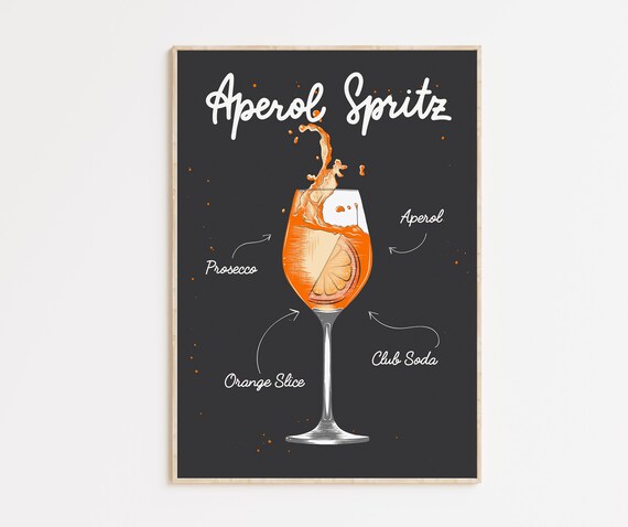 Aperol Spritz Cocktail Recipe Glass Illustration Black Kitchen Poster