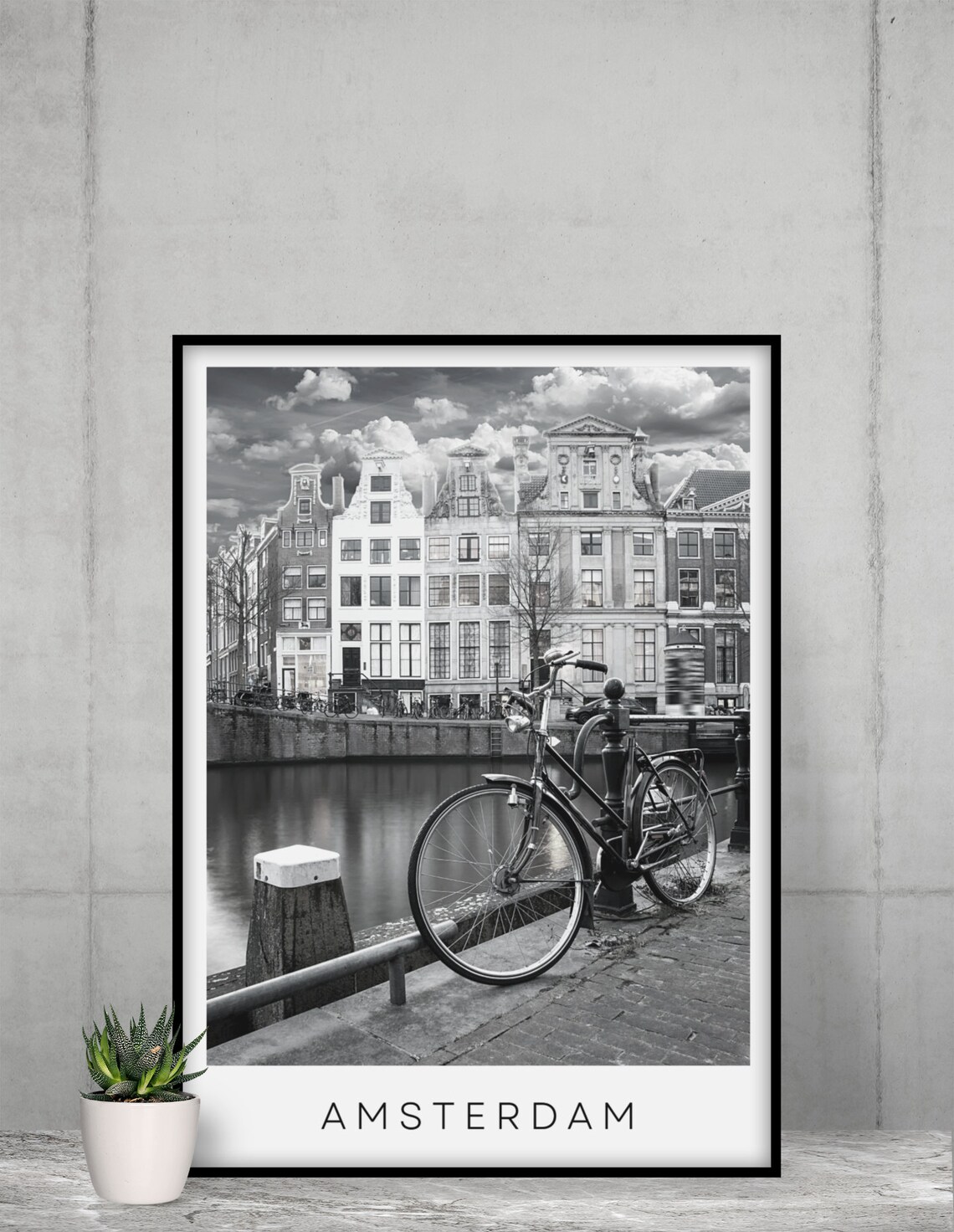 Amsterdam Bicycle Canal Gabled Houses Black and White Travel Poster