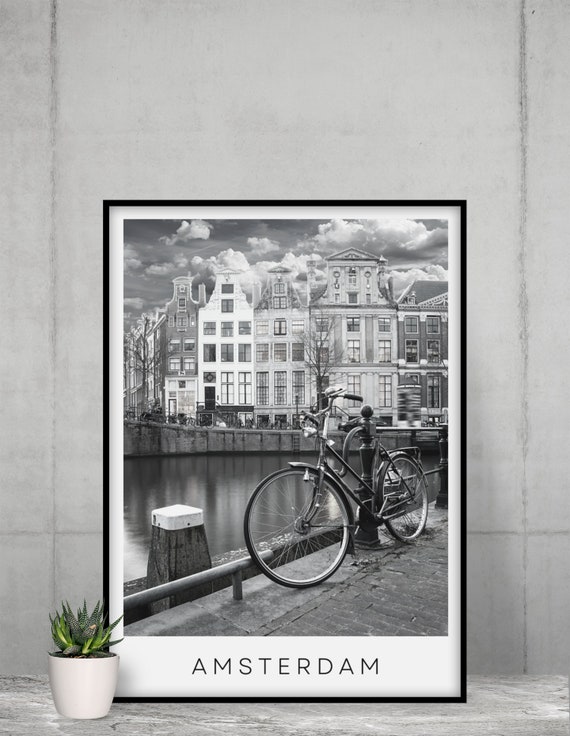 Amsterdam City Print Black And White Travel Photo Featuring Buildings Canal Bicycle
