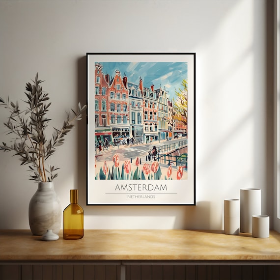 Amsterdam Netherlands Canal Gabled Houses Tulips Travel Poster