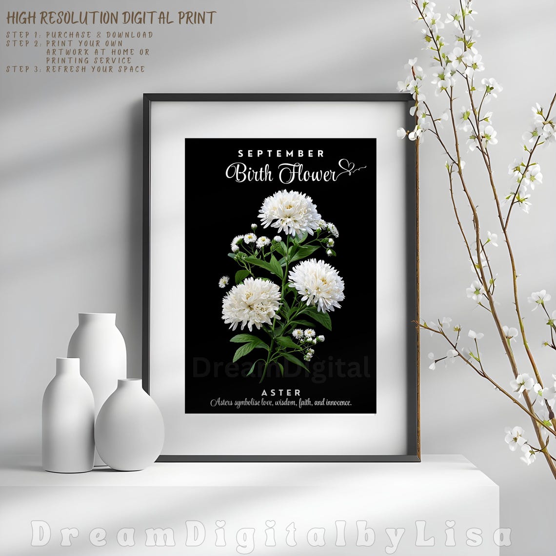 September Birth Flower Aster White Botanical Floral Gift Poster - Image 4
