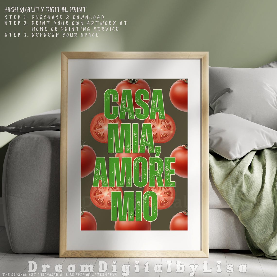 Casa Mia Amore Mio Green Text on Tomato Pattern Kitchen Art Poster - Image 2