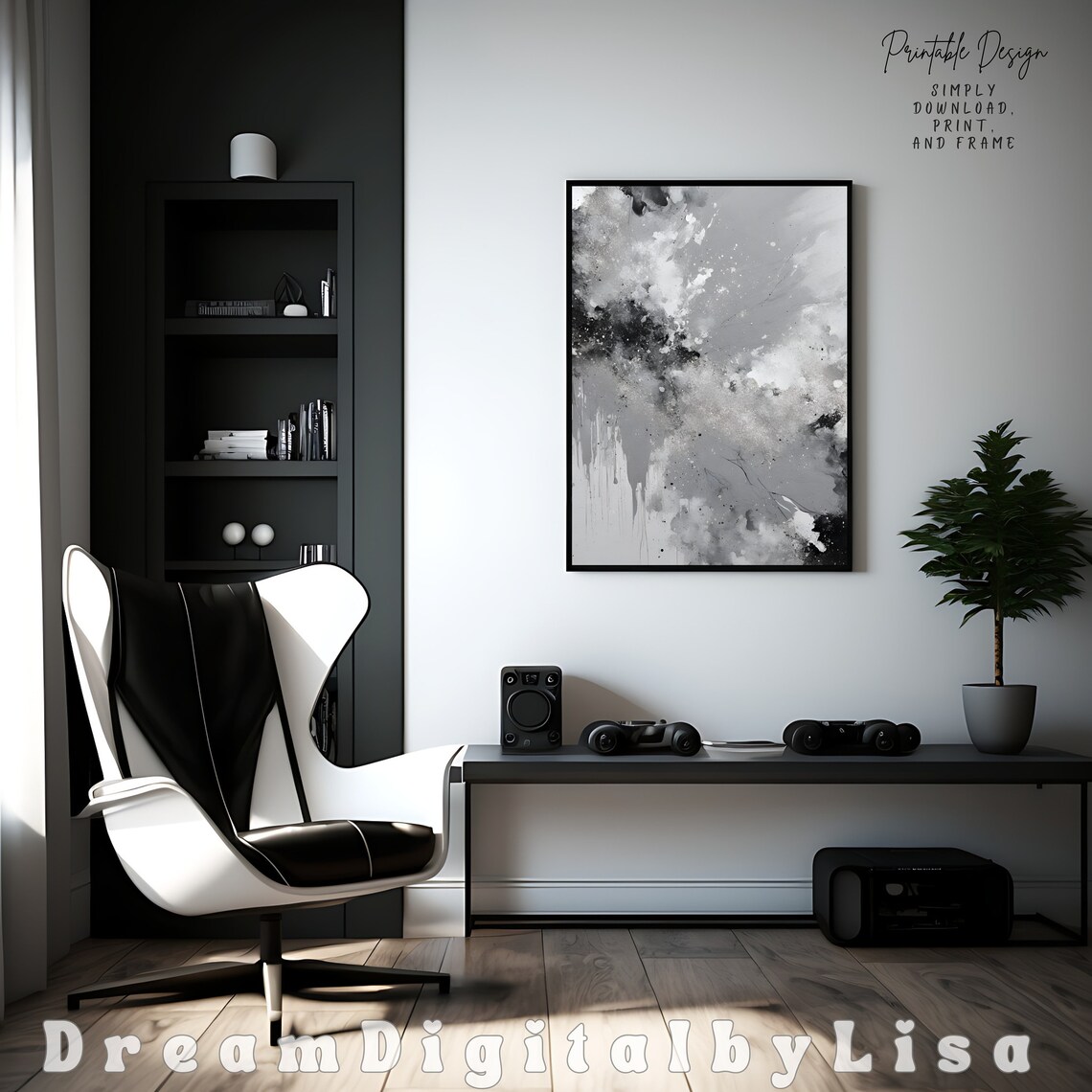 Abstract Grey Black and White Ink Splash Modern Watercolor Art Poster - Image 3