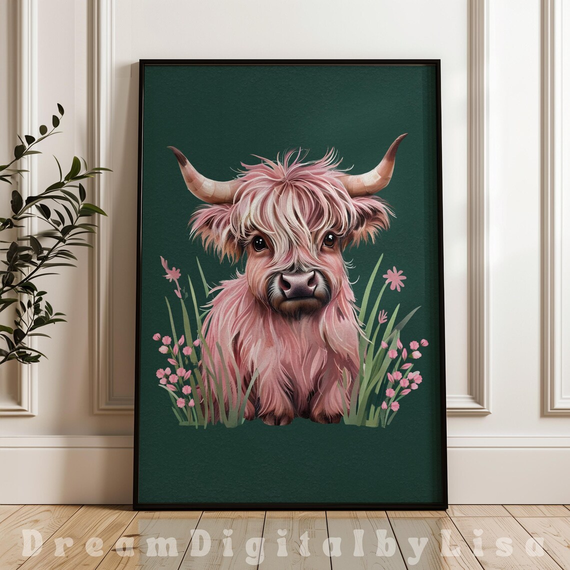 Pink Highland Cow On Green, Farmhouse Whimsy Art Print