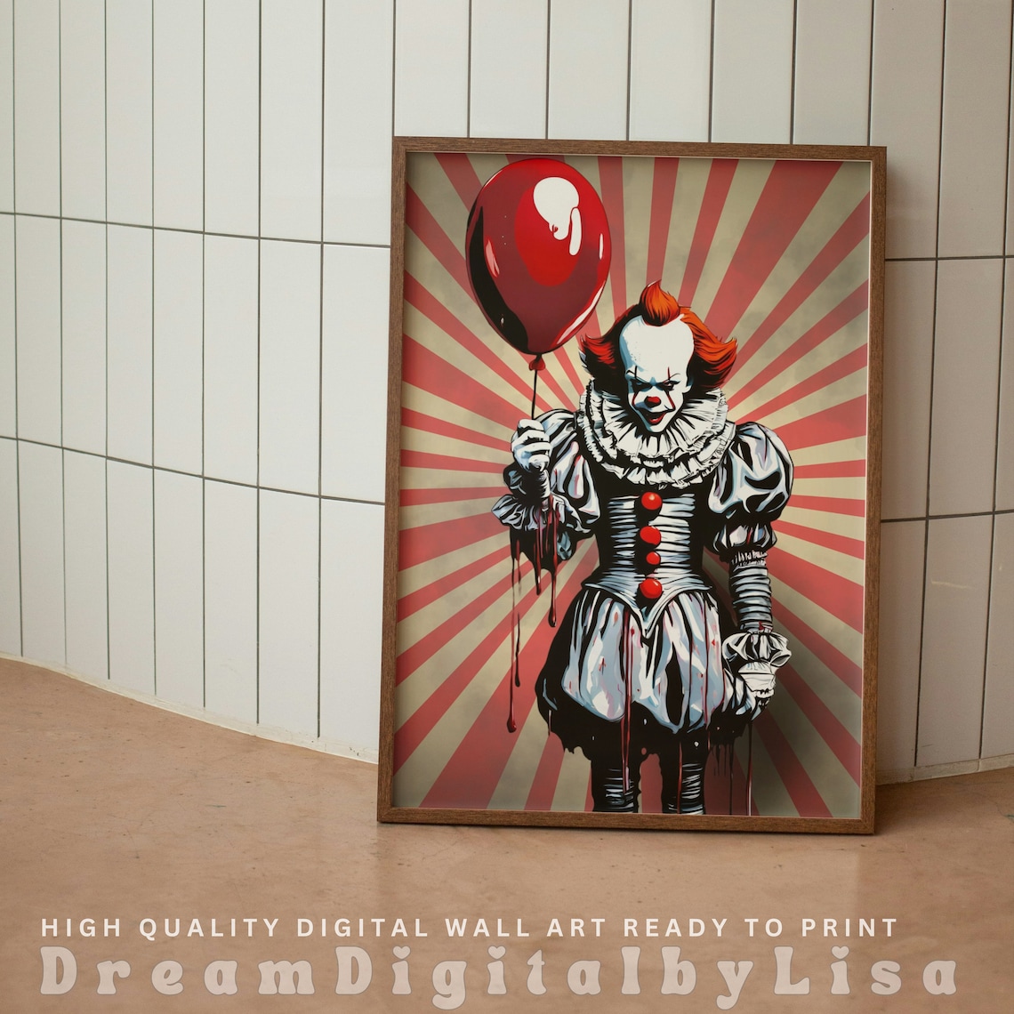 Scary Clown with Red Balloon Circus Sunburst Halloween Poster - Image 2