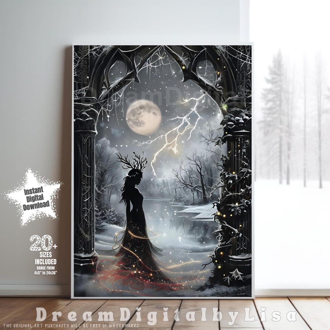 Fairycore Grunge Winter Woman Poster Antler Silhouette Moon Artwork