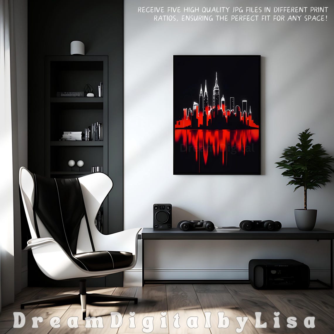 New York City Red Neon Skyline Reflection Black Night Poster - Image 2