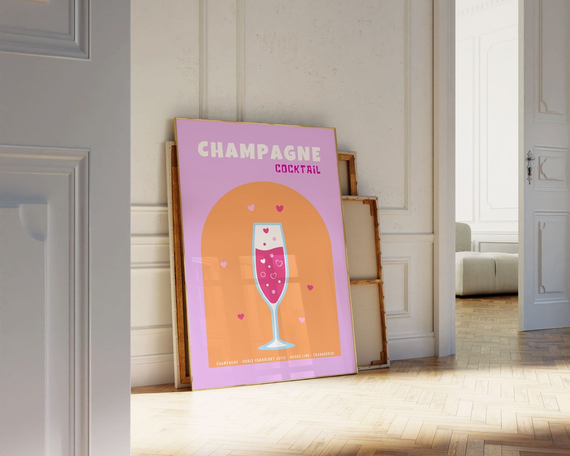 Champagne Cocktail Recipe Pink Retro Kitchen Bar Cart Art Poster - Image 2
