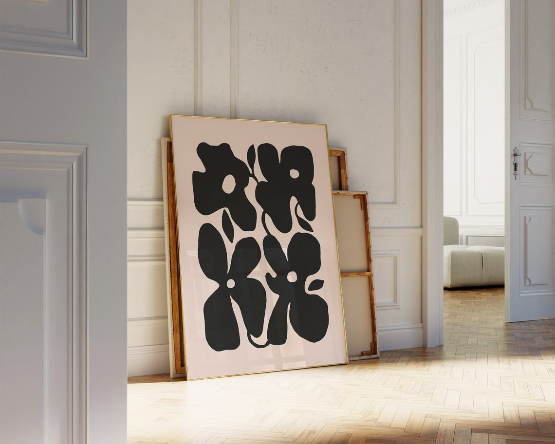 Abstract Black Floral Silhouettes Beige Neutral Boho Art Poster - Image 2